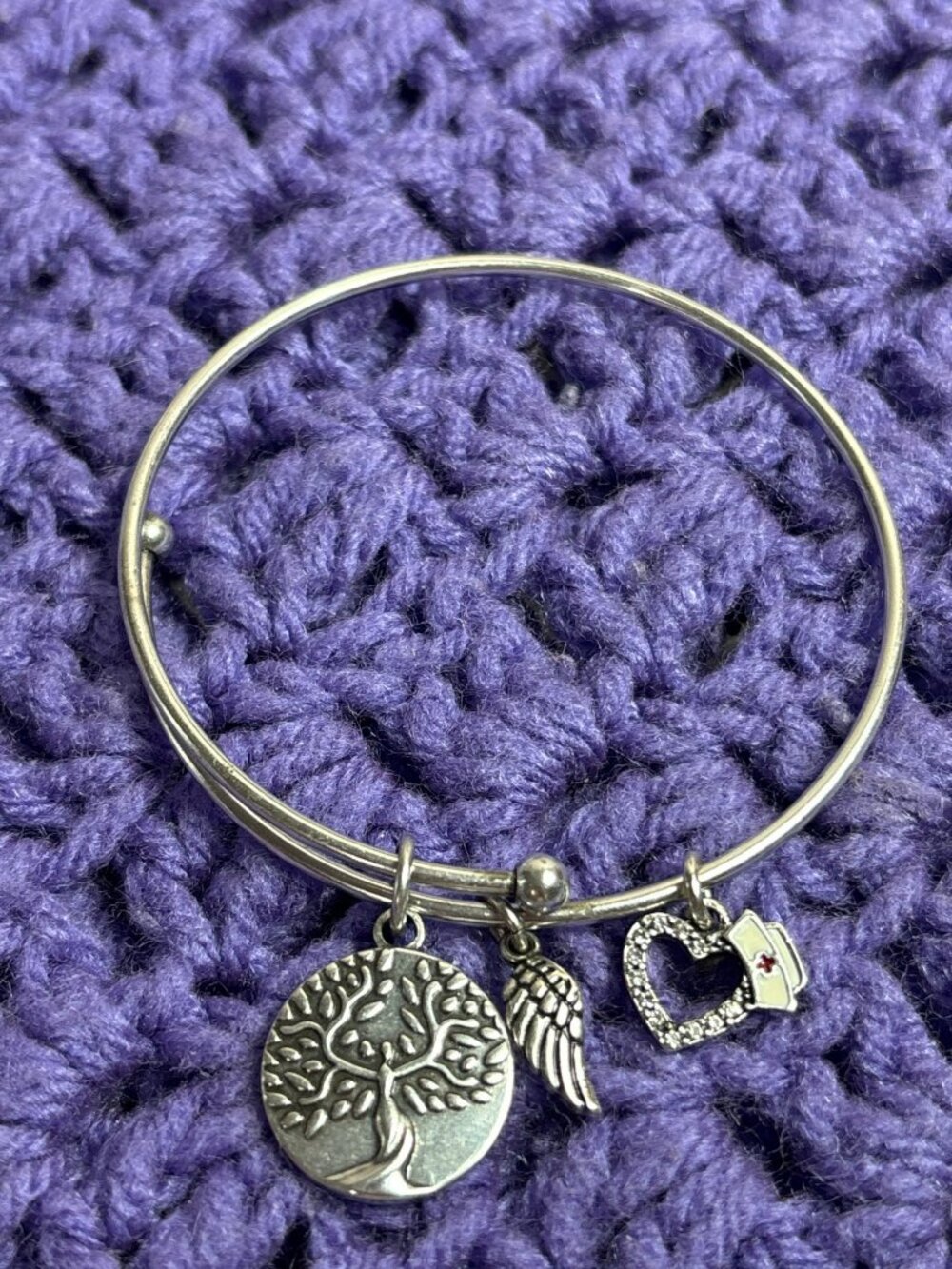 Silvertone Charm Bracelet Earth Angel Wing Tree Nurse Heart Enamel Rhinestone